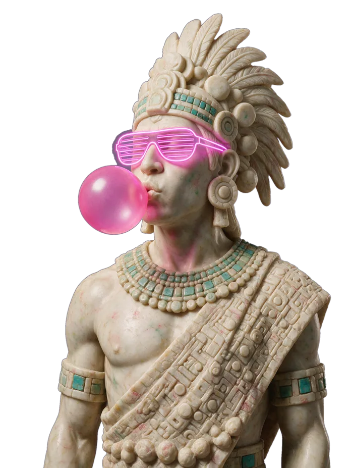Escultura mexica inflando una burbuja de chicle en neón rosa