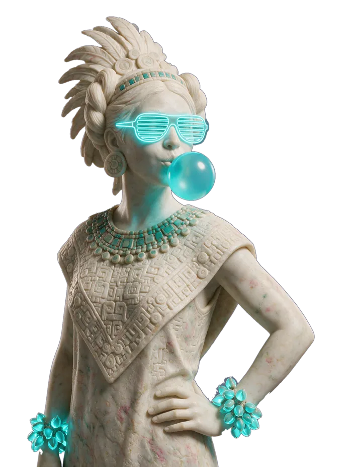 Escultura mexica femenina con la mano en la cadera, inflando una burbuja de chicle cyan