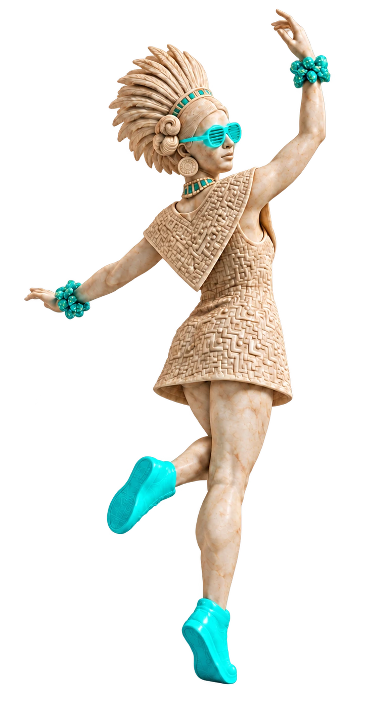 Escultura mexica femenina en un giro de baile, con gafas y sneakers de neón cyan