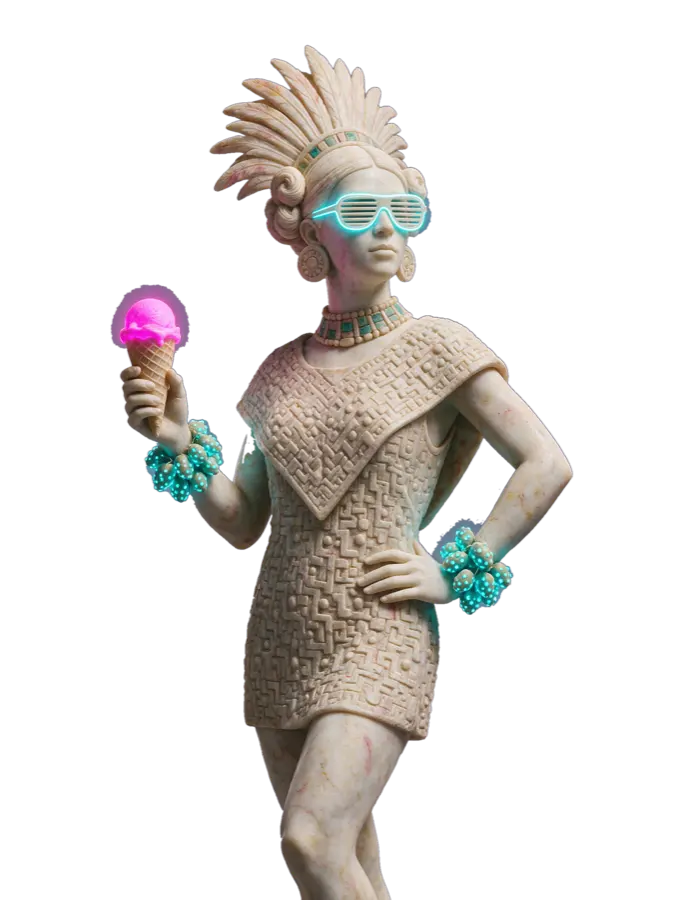 Escultura mexica femenina con lentes de neón cyan, la mano en la cadera y un helado de neón magenta en alto