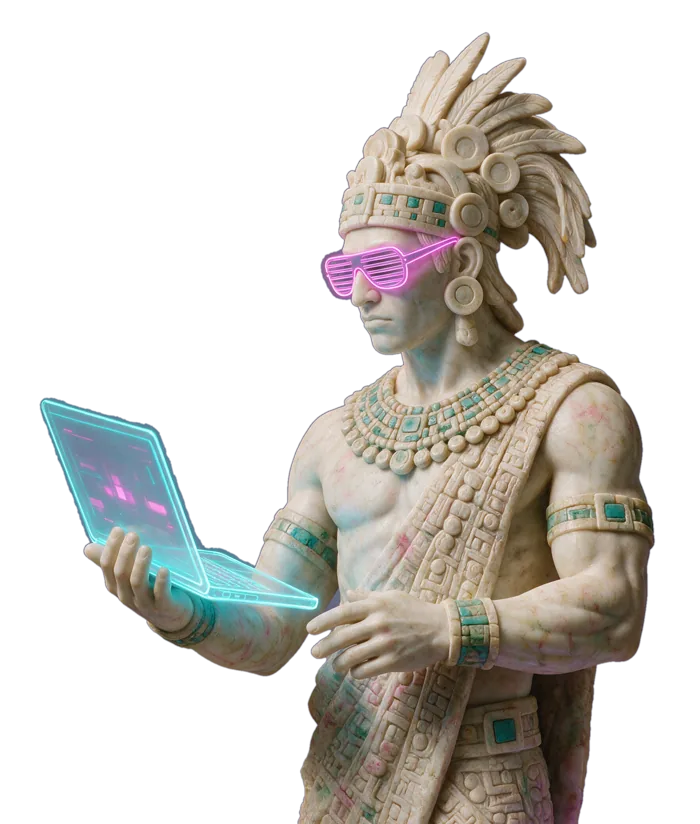 Escultura mexica sosteniendo una laptop dibujada en contorno de neón cyan