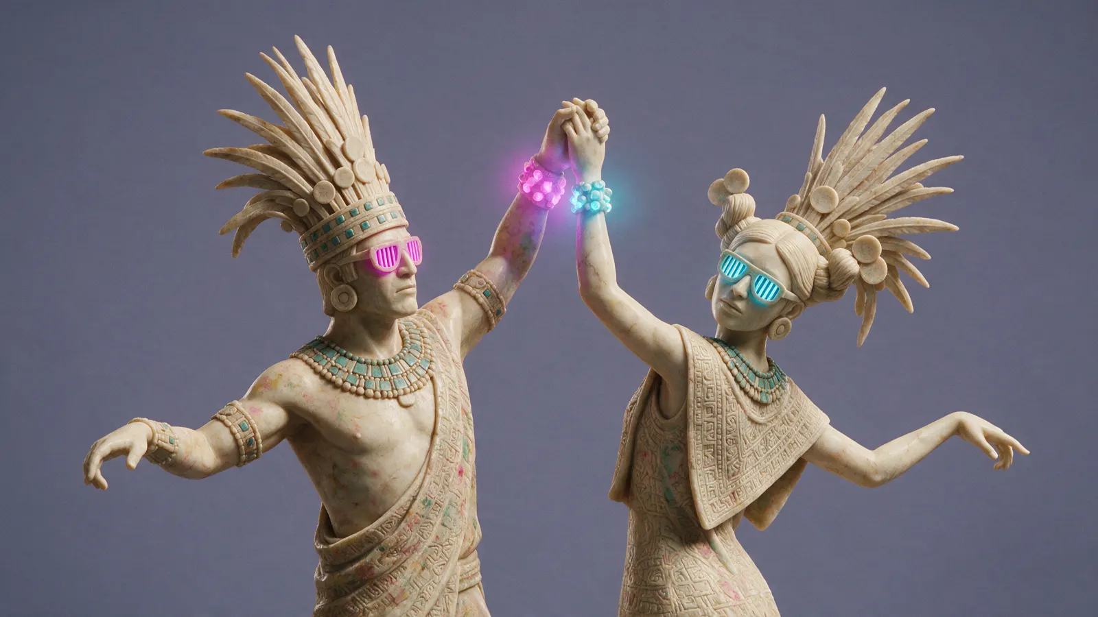 Dos esculturas mexicas en un giro de baile, con el neón magenta y cyan mezclándose donde se tocan las manos